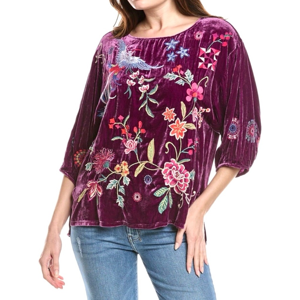 Johnny Was Purple Velvet Nikkola Boatneck Blouse with Floral Embroidery XSP NWT